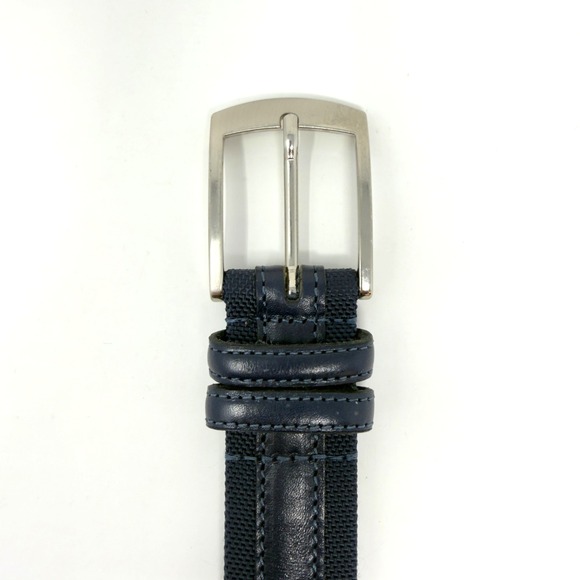 Italian Made Leather Fabric Belt Navy Silver Buckle Mens 38 - Picture 2 of 8